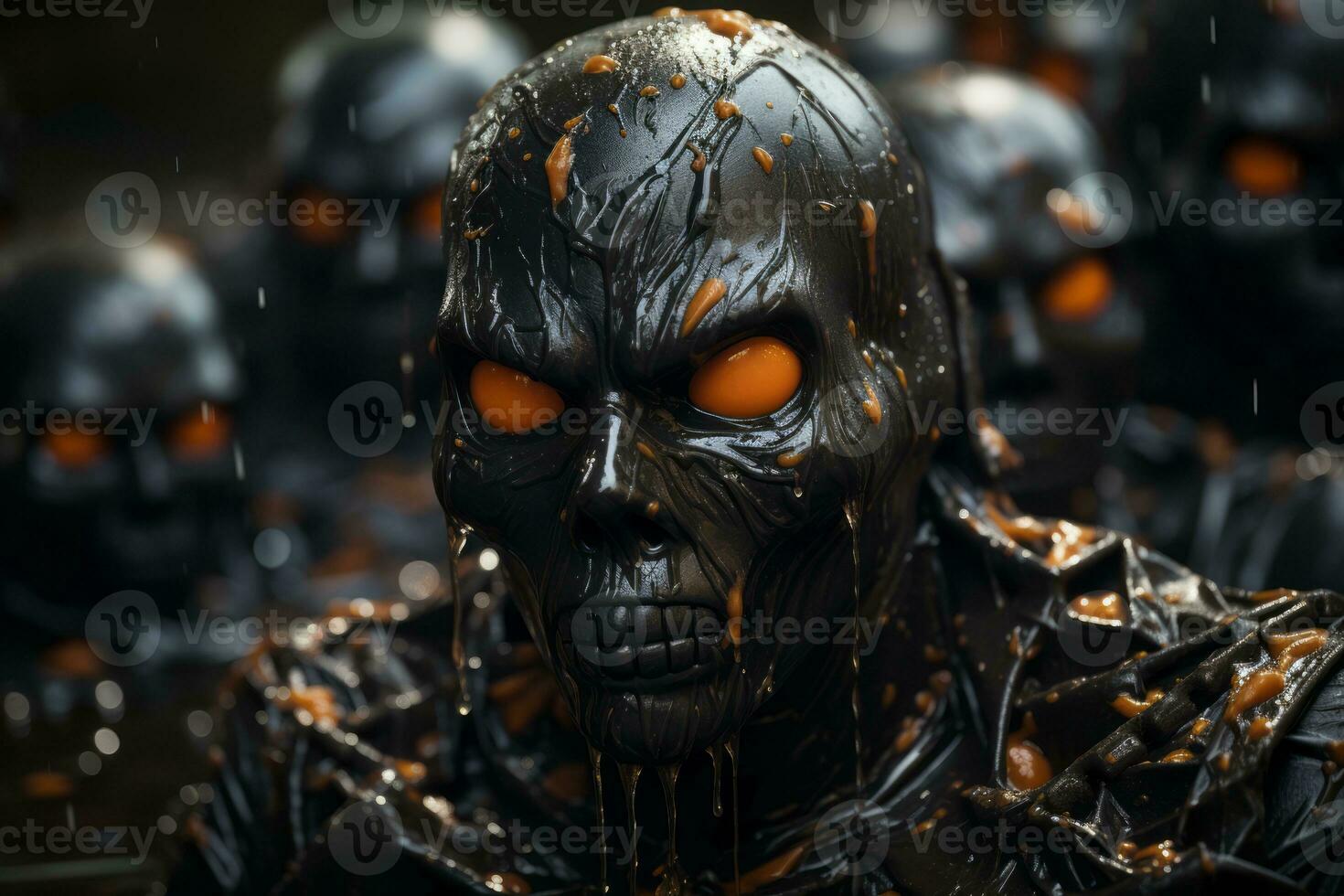 a group of black and orange skulls with glowing eyes generative ai photo