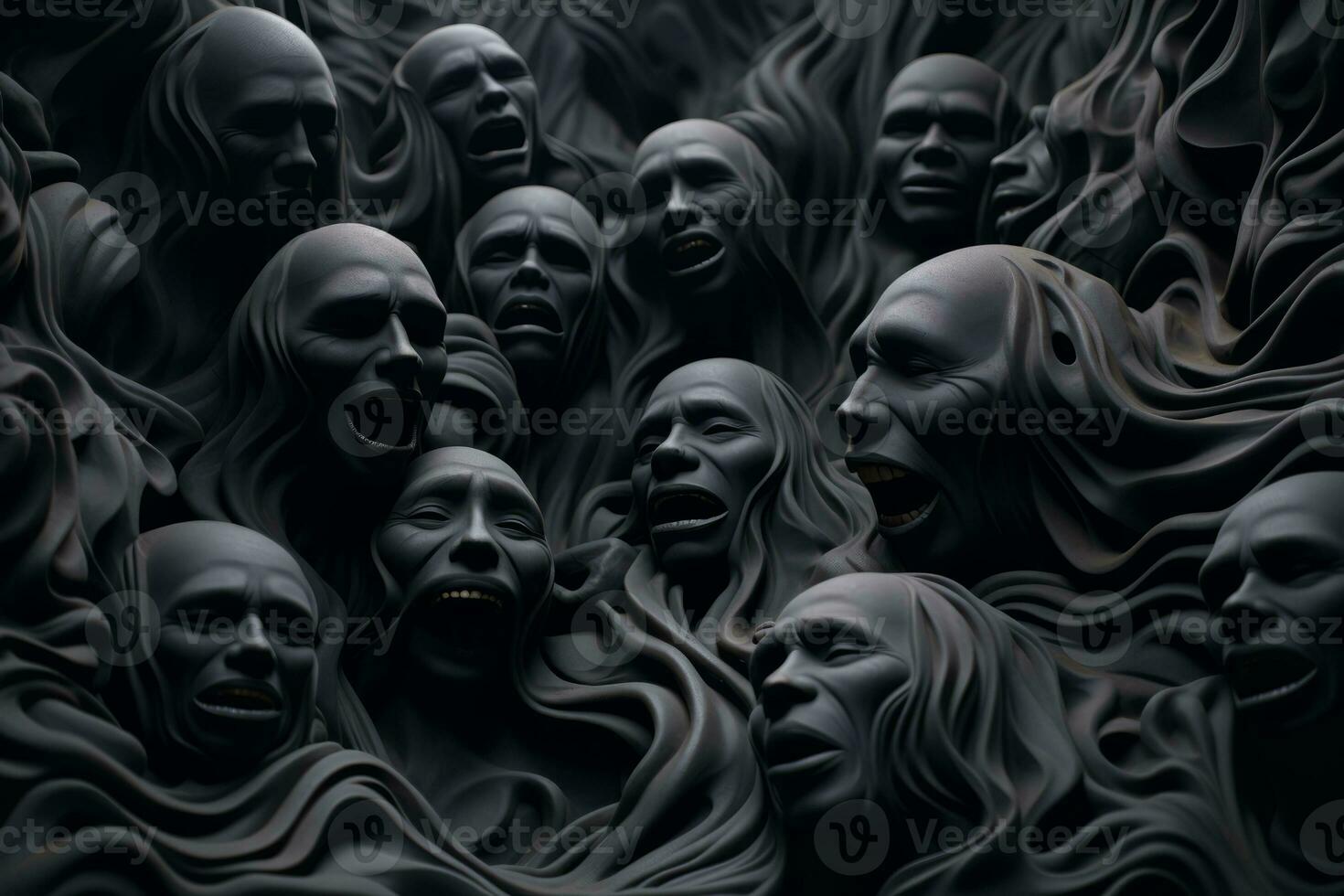 a group of black heads surrounded by black smoke generative ai photo