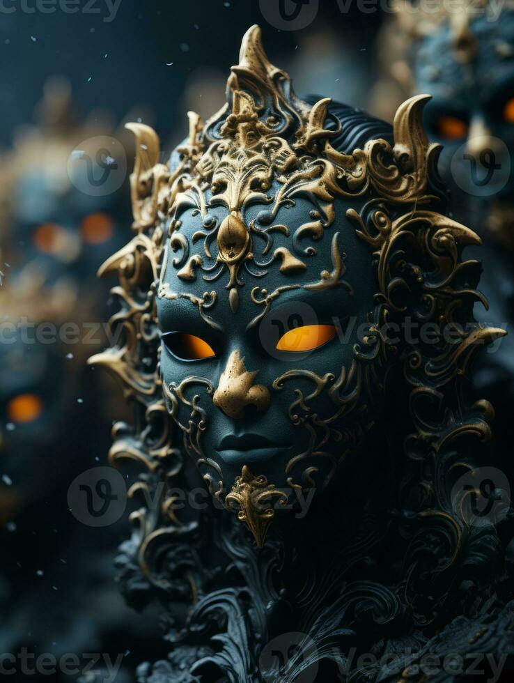 a group of blue and gold masks with glowing eyes generative ai photo
