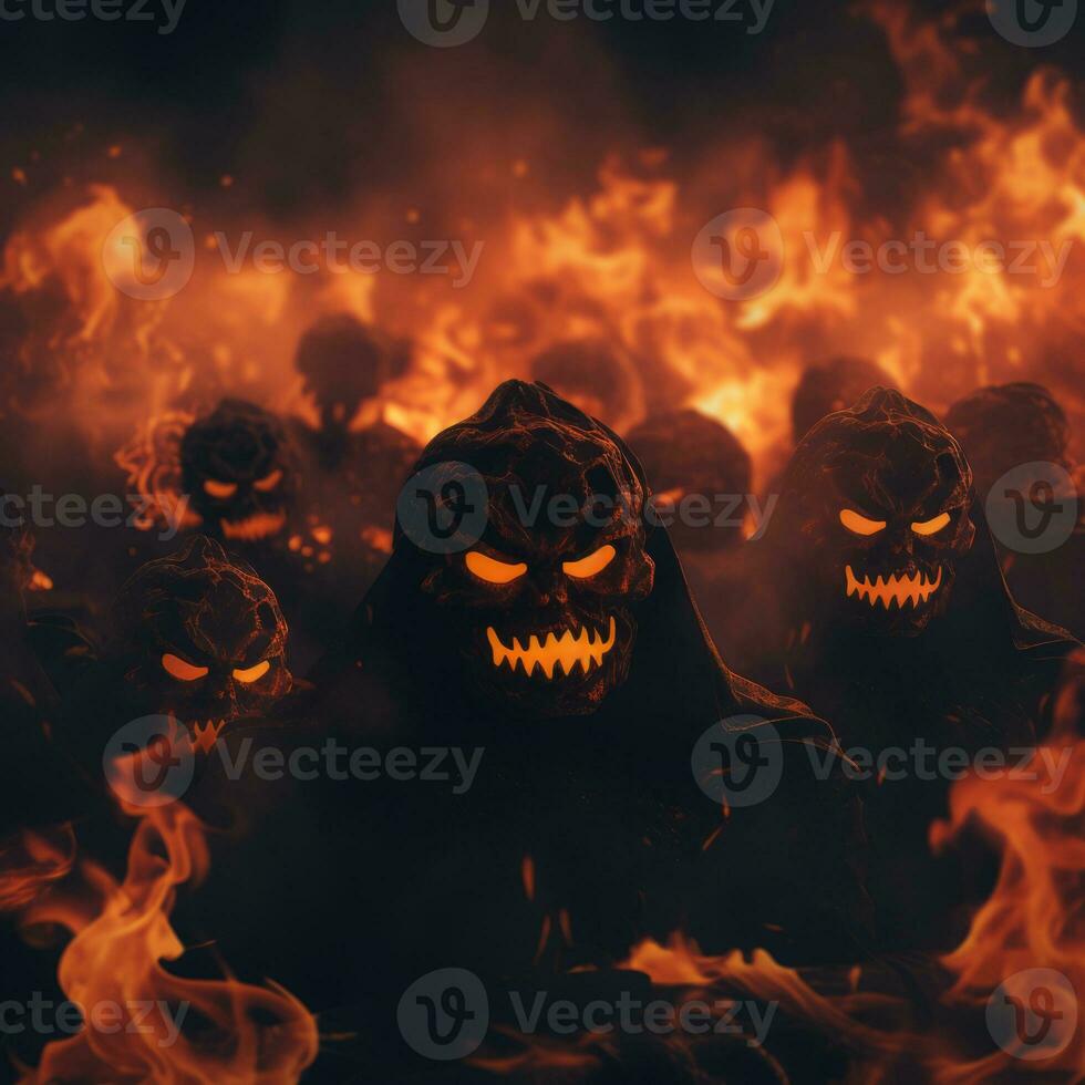 a group of evil looking faces in the dark with fire in the background generative ai photo