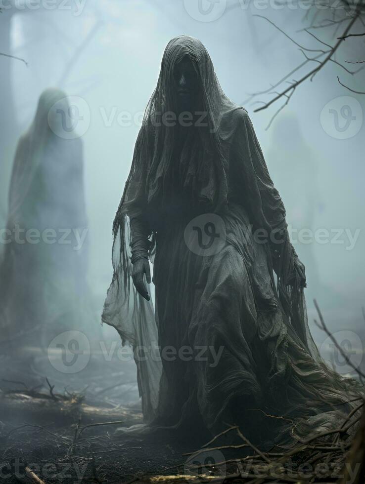 a group of ghostly people walking through the woods generative ai photo