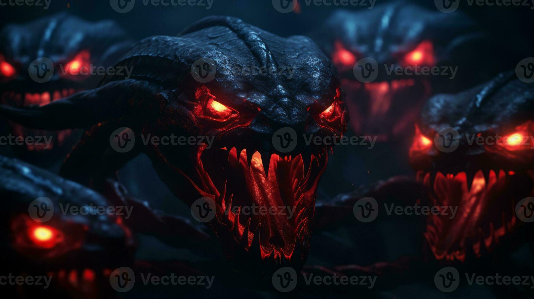 a group of demon heads with glowing red eyes generative ai photo