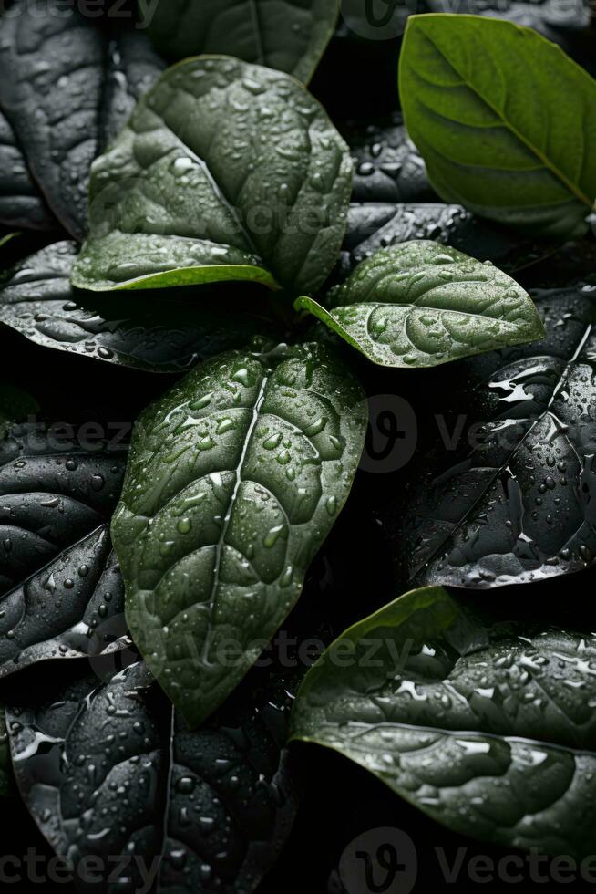 a group of green leaves with water droplets on them generative ai photo