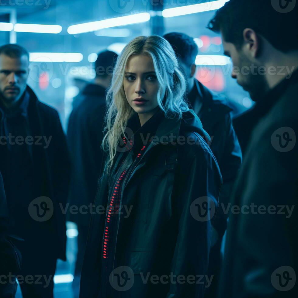 a group of people standing in a dark room generative ai photo