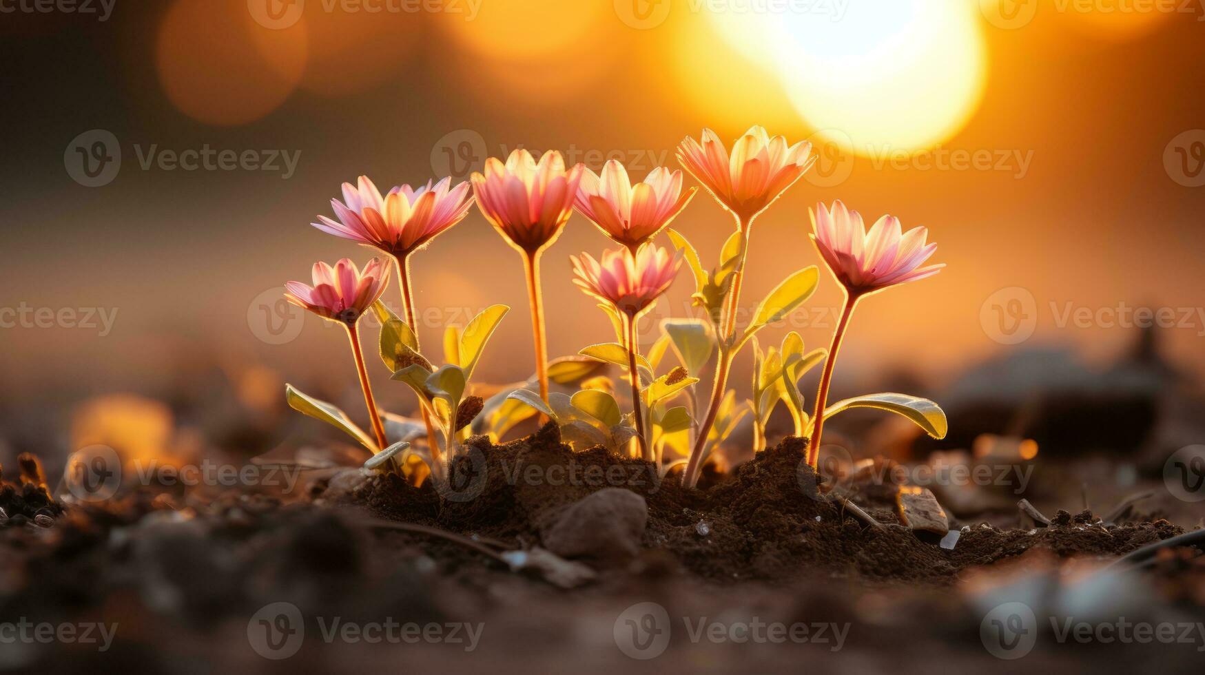 a group of pink flowers growing out of the ground at sunset generative