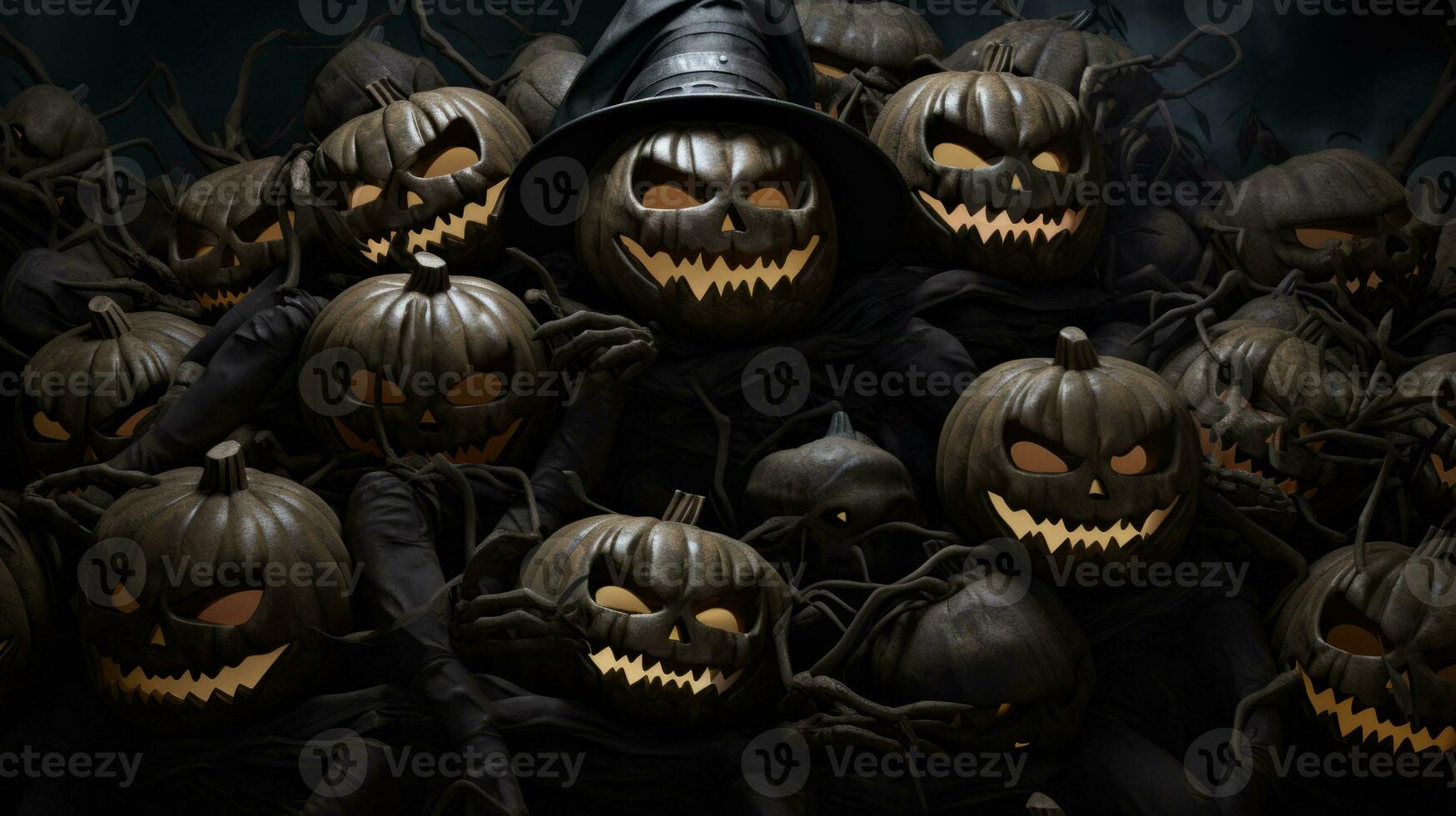 a group of pumpkins with scary faces on them generative ai photo