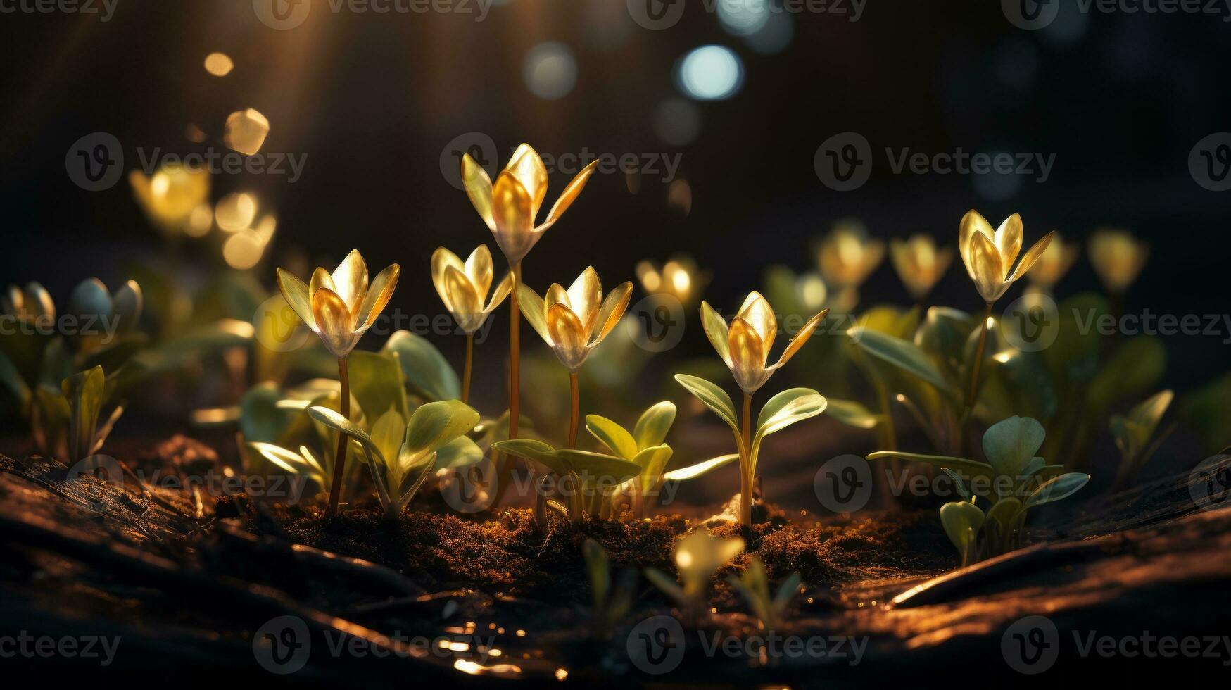 a group of small yellow flowers growing in the dark generative ai photo