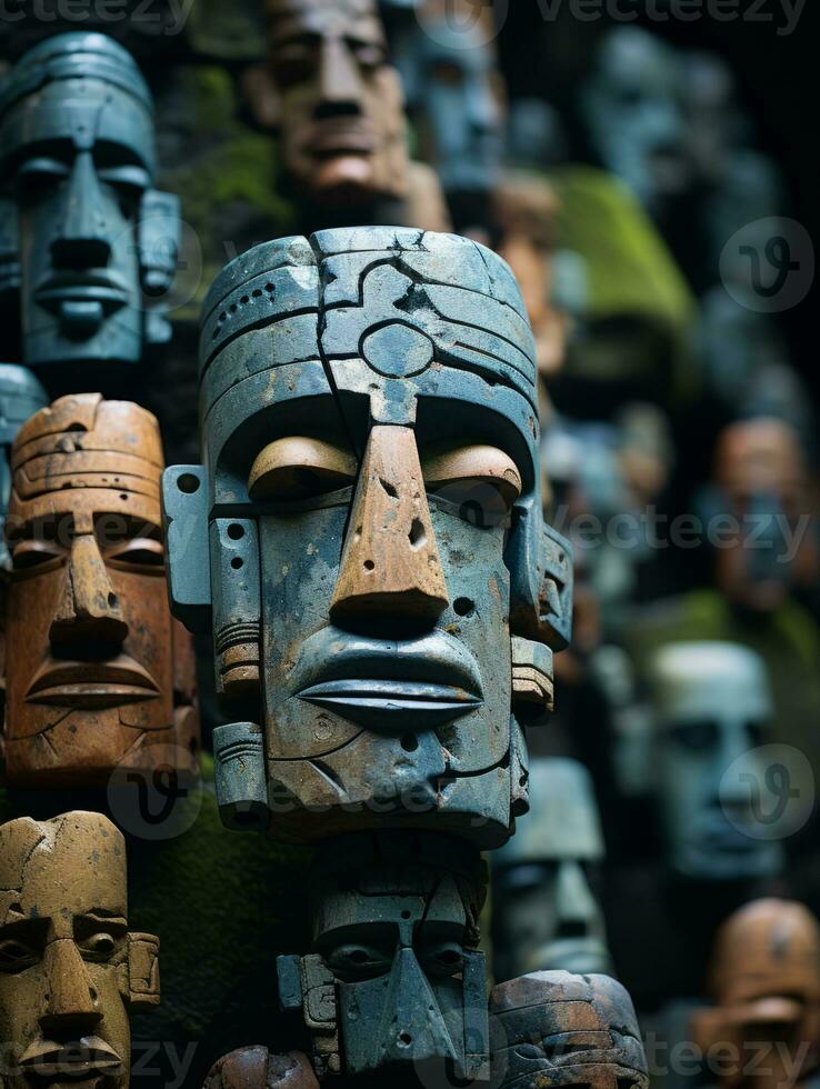 a group of wooden masks with faces on them generative ai photo