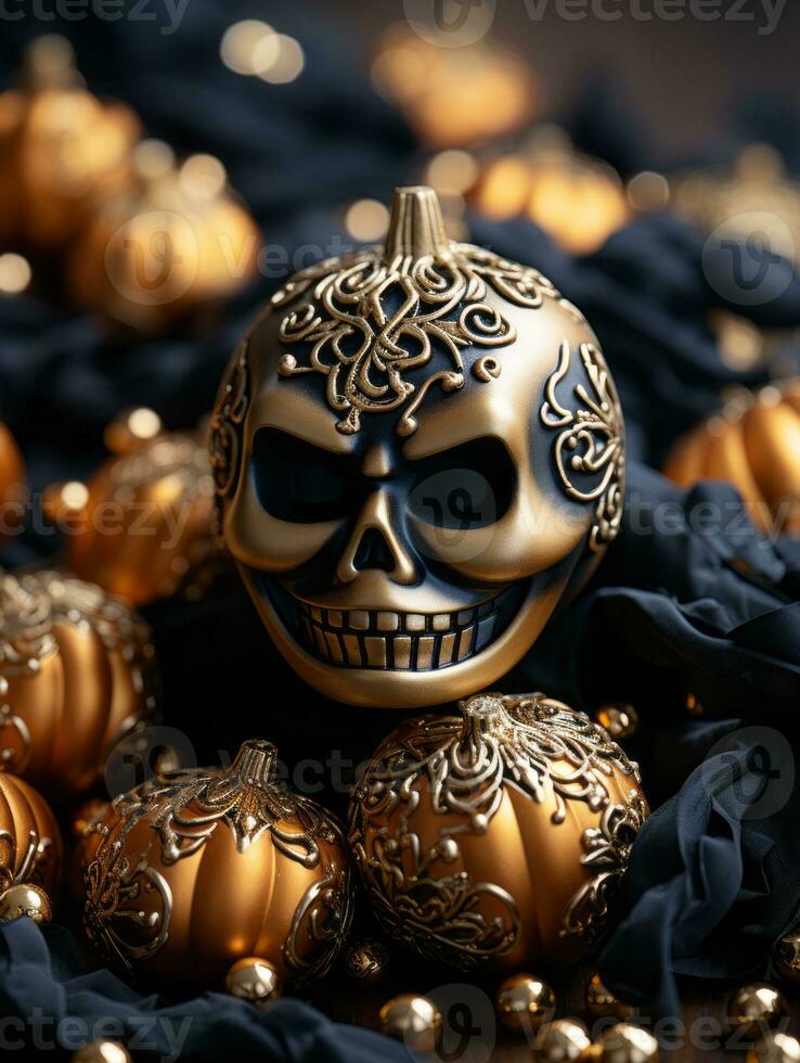 a halloween decoration with a gold skull on top of a bunch of pumpkins generative ai photo