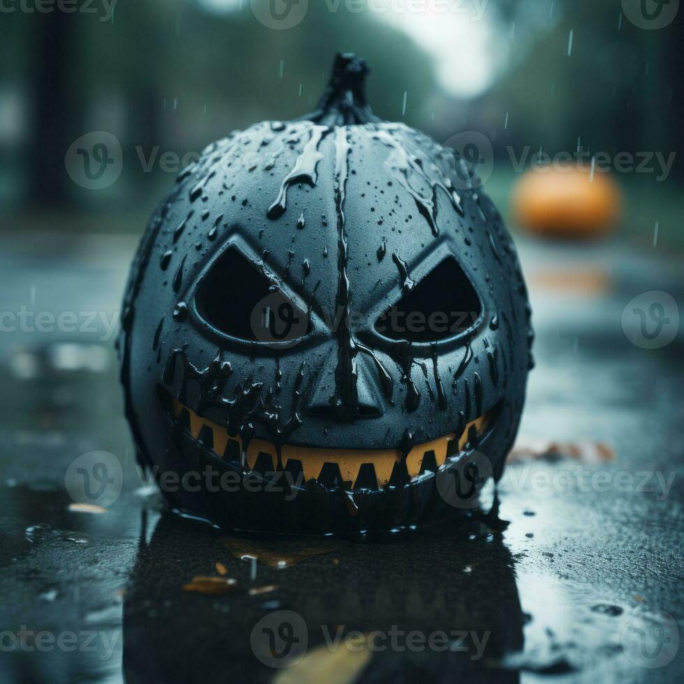 a halloween pumpkin in the rain generative ai photo
