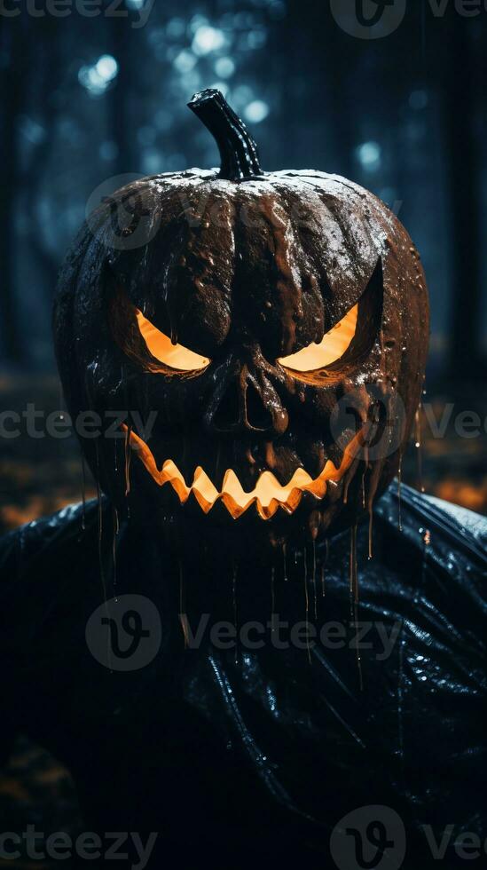 a halloween pumpkin with glowing eyes in the dark generative ai photo