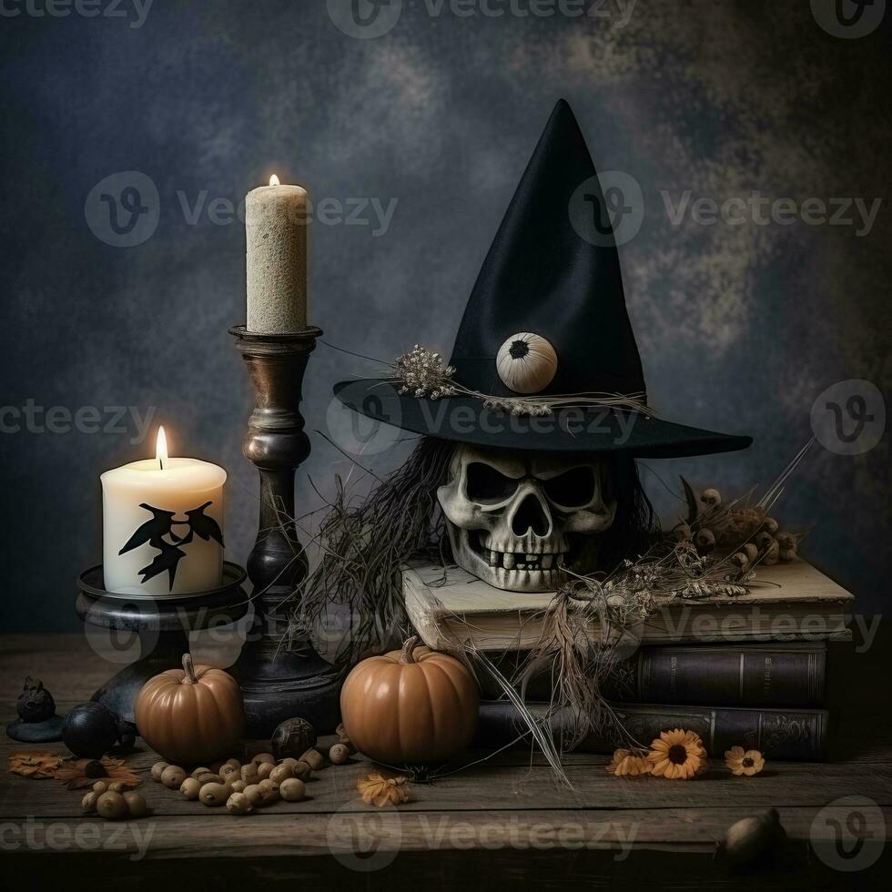 a halloween scene with a witchs hat books and candles generative ai photo