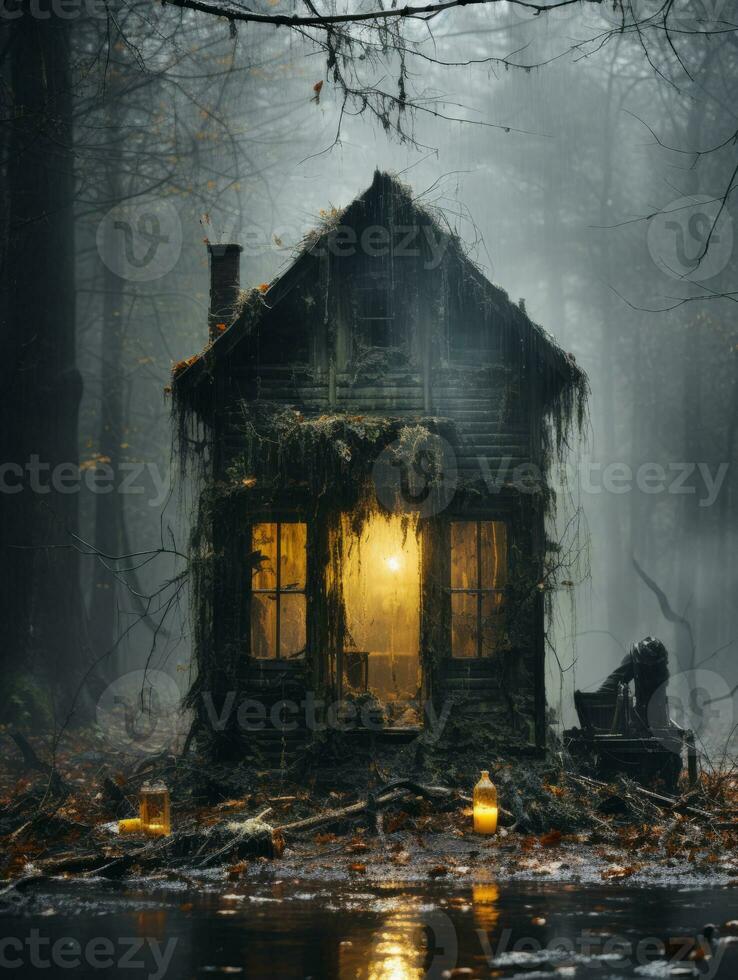 a haunted house in the woods at night generative ai photo