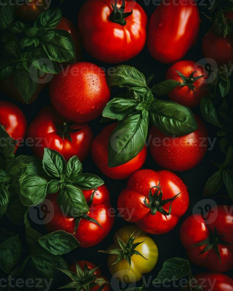 a large group of red tomatoes on a black background generative ai photo