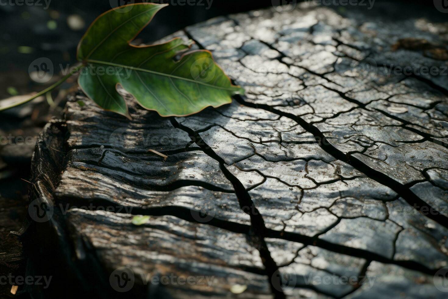 a leaf is sitting on top of a tree stump generative ai photo