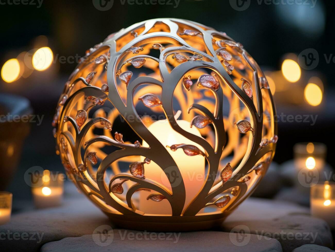 a lighted candle sitting on a table with candles around it generative ai photo