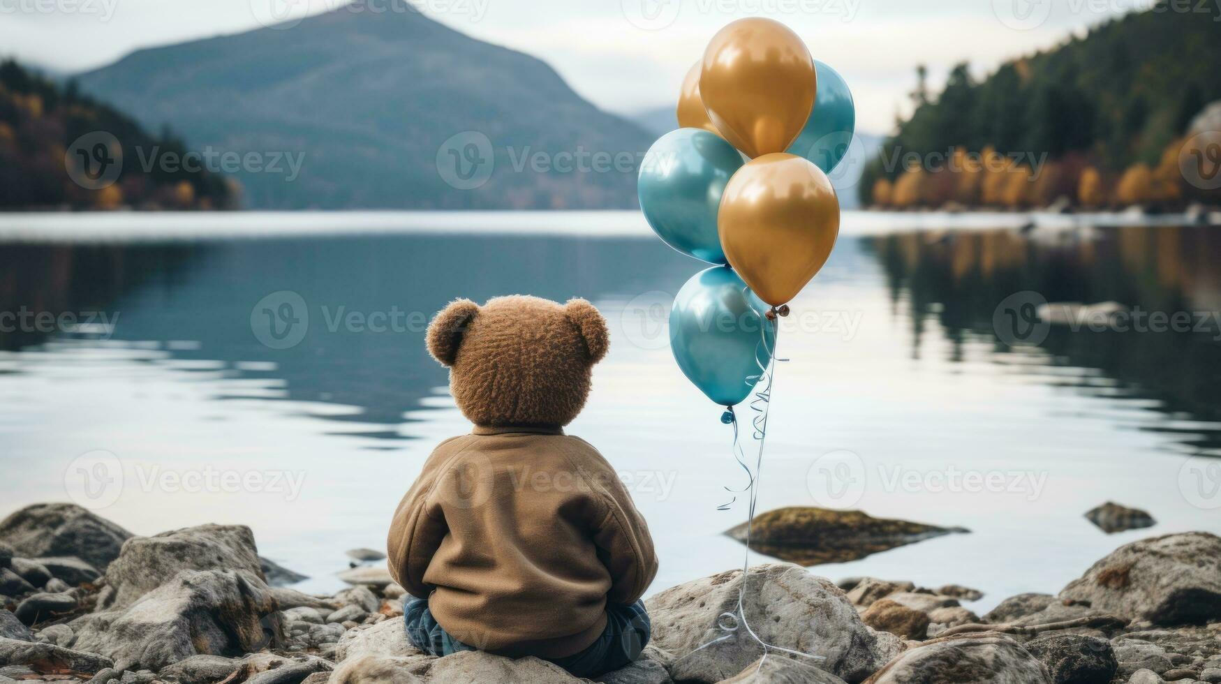 a little boy sitting on rocks with balloons in front of a lake generative ai photo