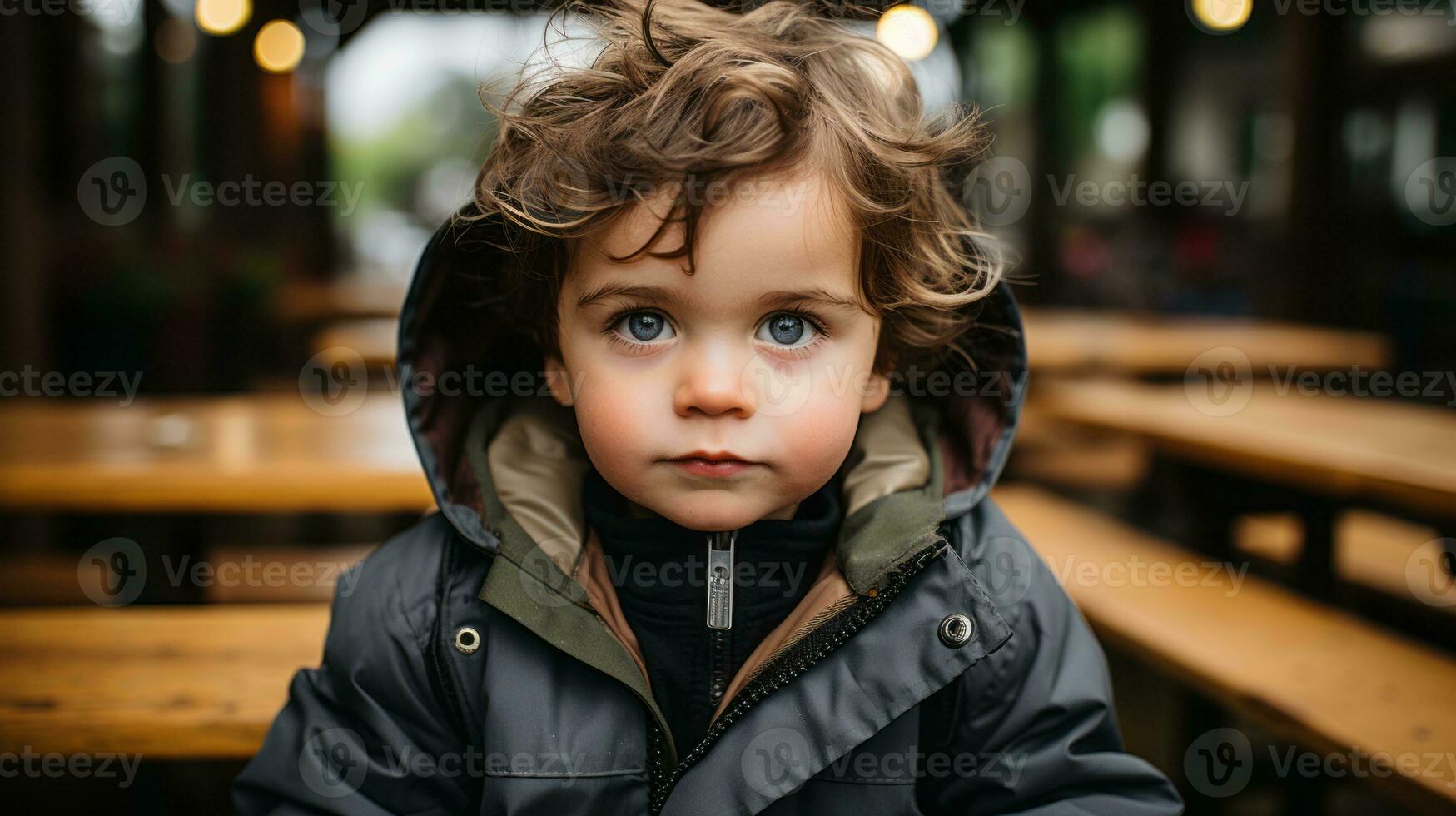 a little boy with blue eyes sitting at a table generative ai photo