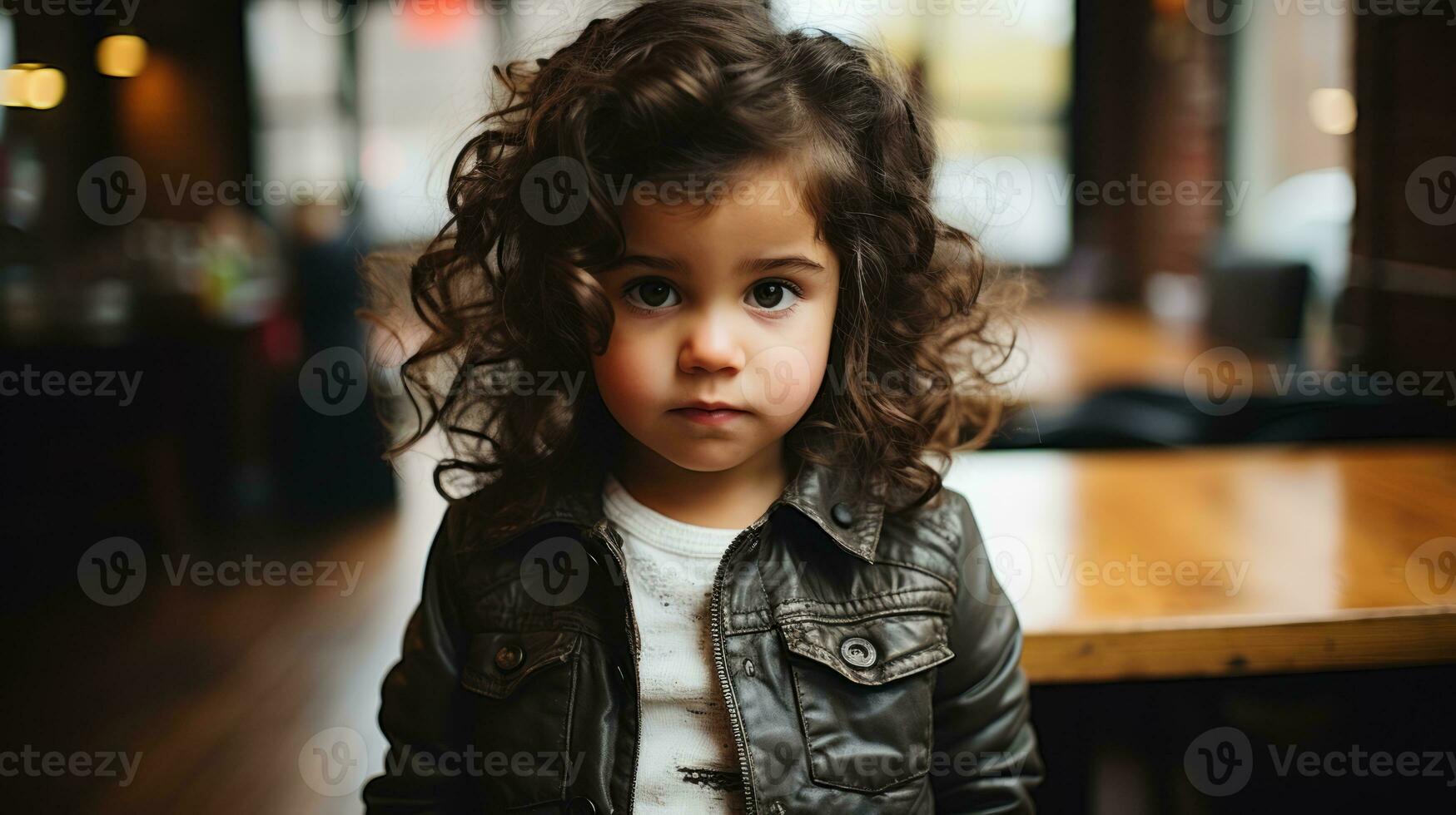 a little girl with curly hair standing in front of a table generative ai photo