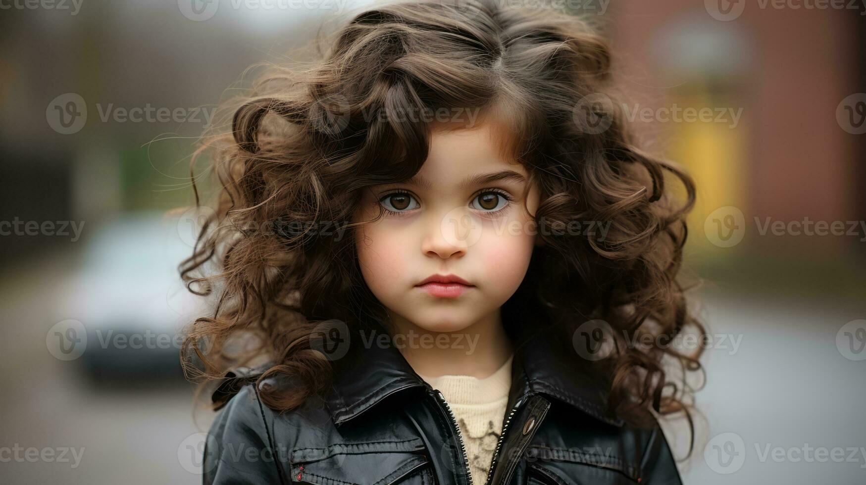 a little girl with curly hair wearing a leather jacket generative ai photo