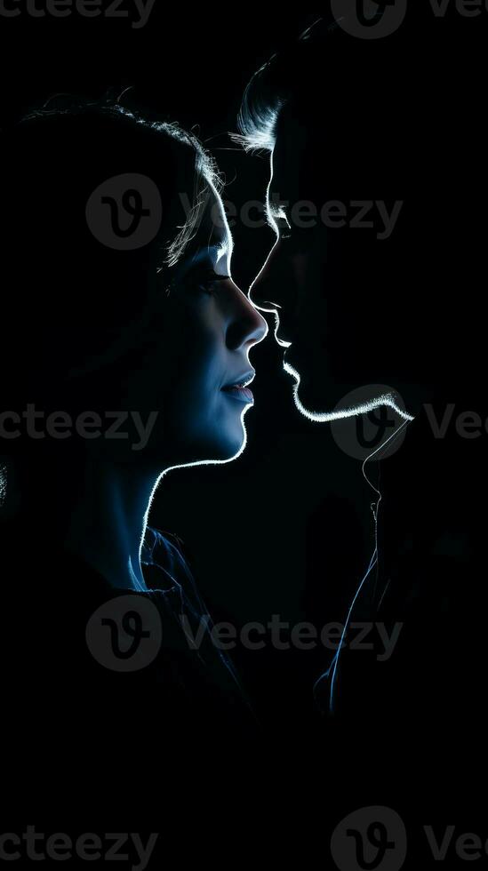 a man and woman are looking at each other in the dark generative ai photo
