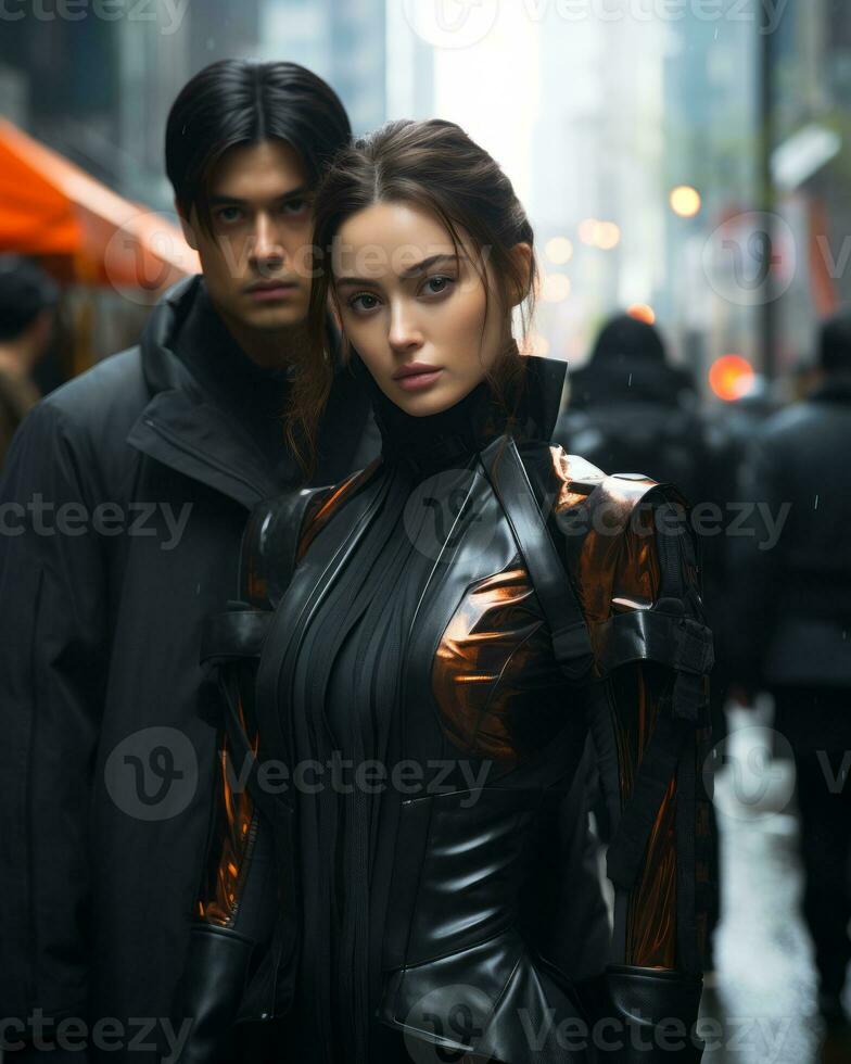 a man and a woman standing in the rain on a city street generative ai photo