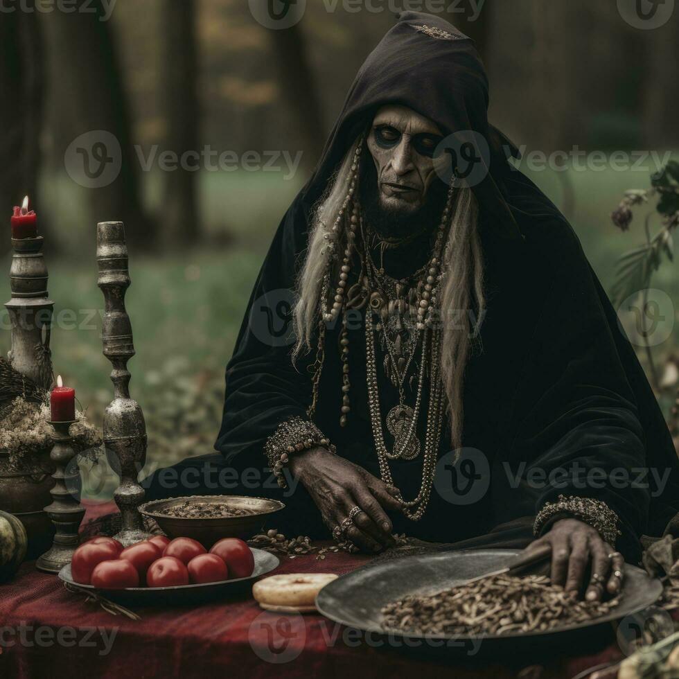 a man dressed as a witch sitting on a table with food generative ai photo