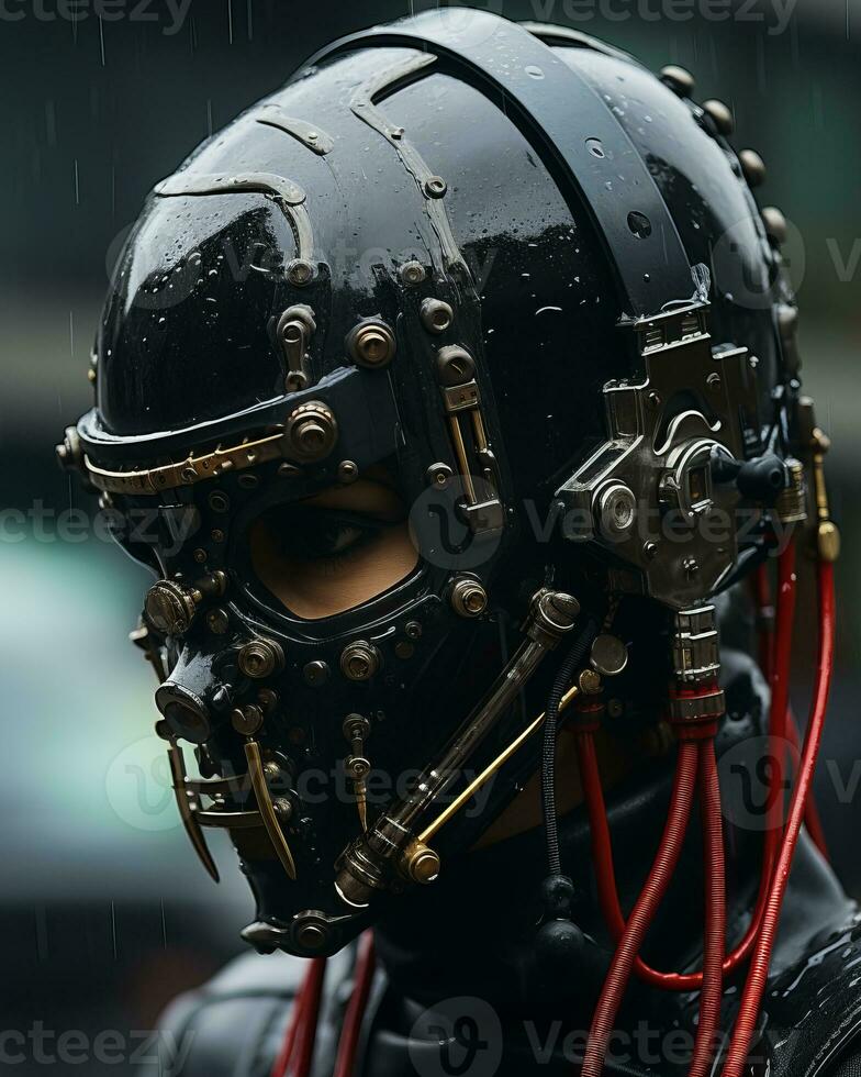 a man in a black helmet with red wires on it generative ai photo