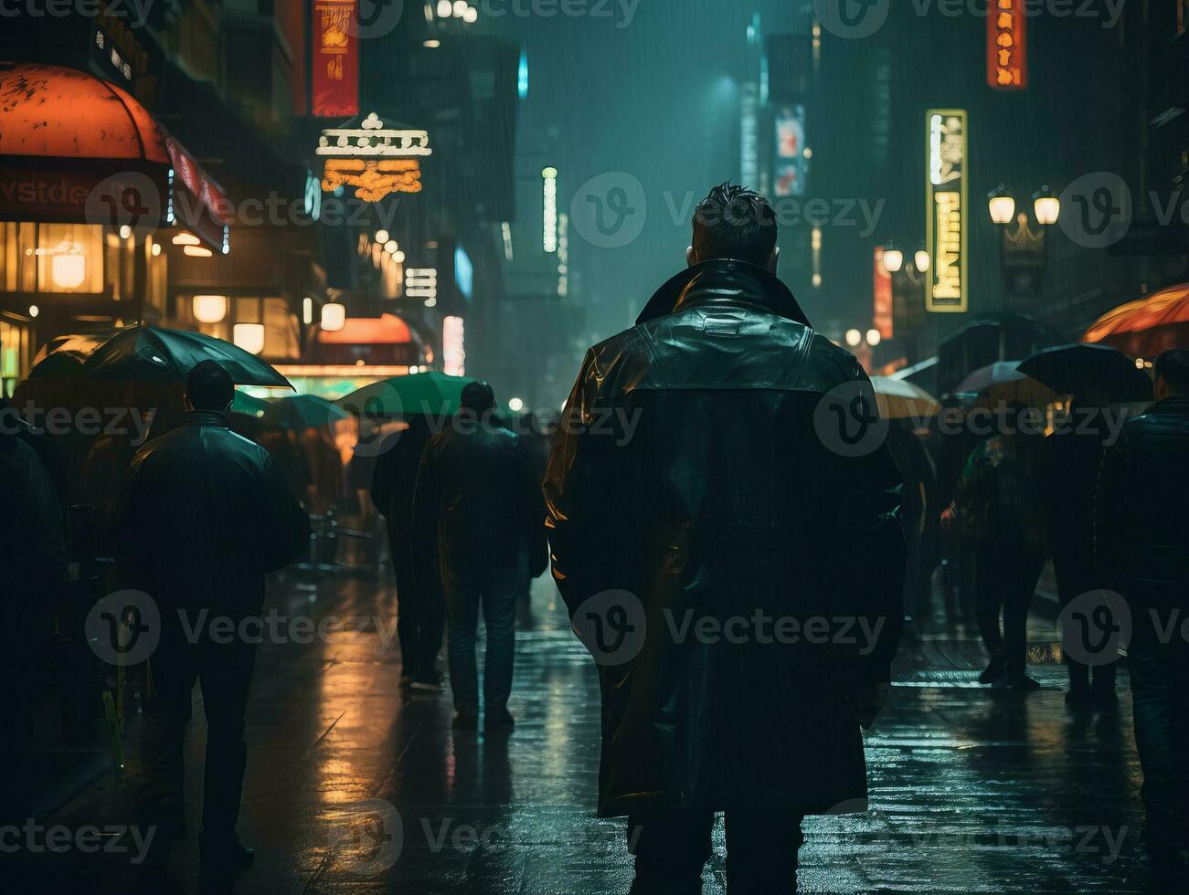 a man in a black trench coat is walking down a city street at night generative ai photo