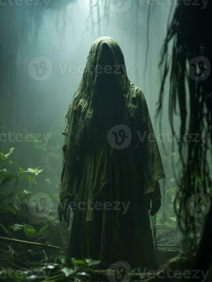 a man in a hooded robe stands in the middle of a forest generative ai photo
