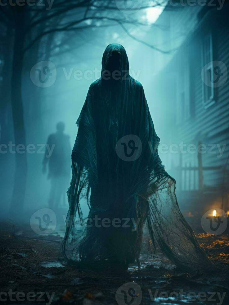 a man in a hooded robe walks through a foggy forest at night generative ai photo