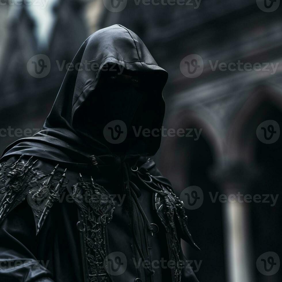 a man in a hooded robe standing in front of a building generative ai photo