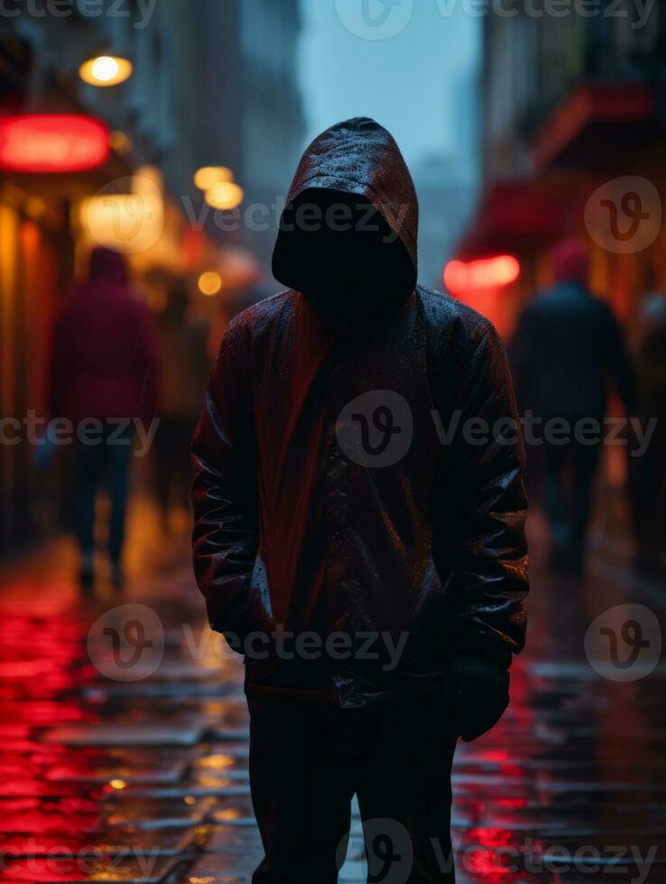 a man in a hooded jacket standing on a wet street at night generative ai photo