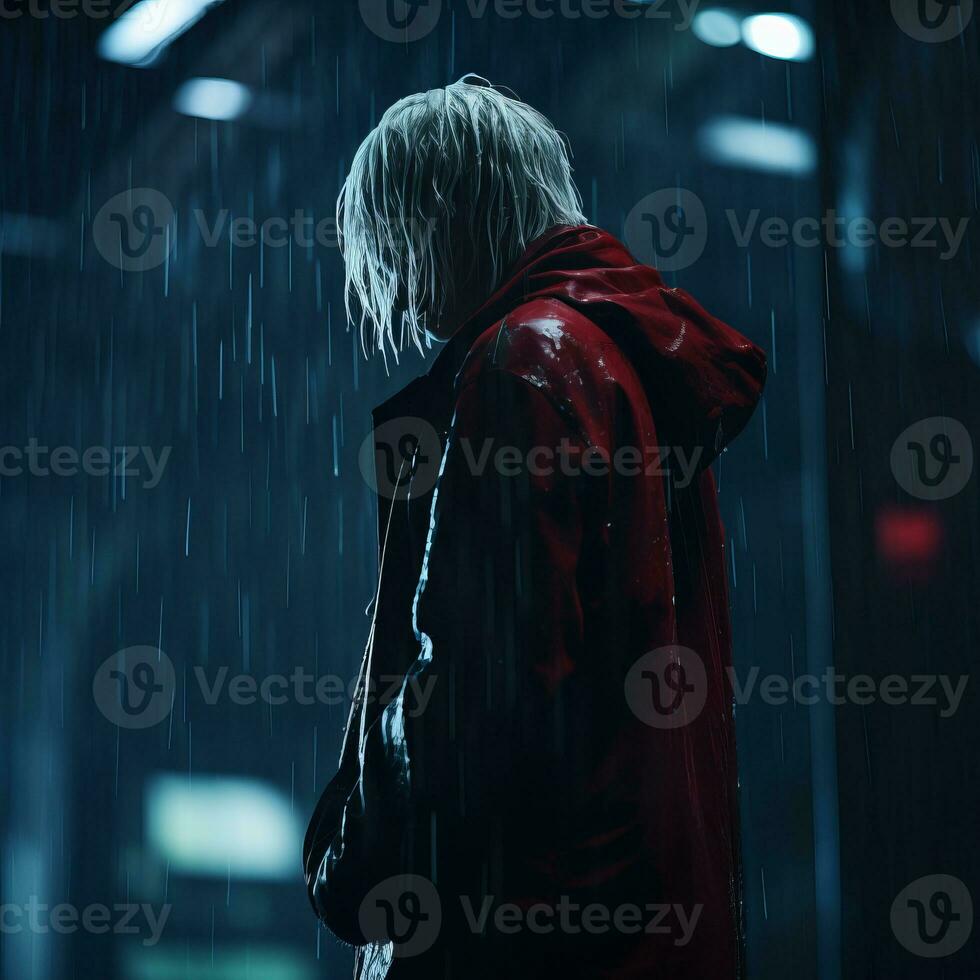 a man in a red jacket standing in the rain generative ai photo