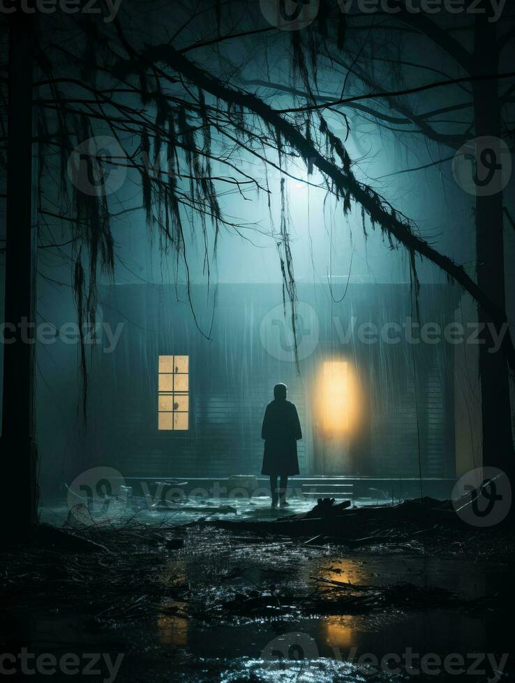 a man is standing in front of a house at night generative ai photo
