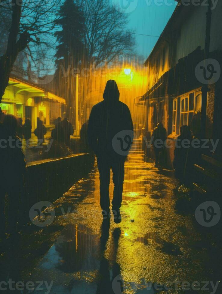 a man in a hoodie walking down a street at night generative ai photo