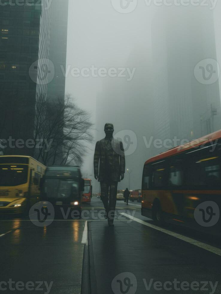 a man is walking across the street in the foggy weather generative ai photo