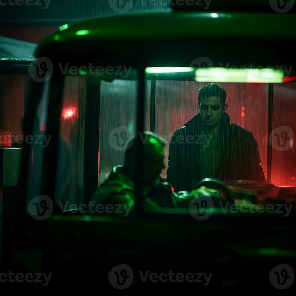 a man sitting in the back of a bus at night generative ai photo