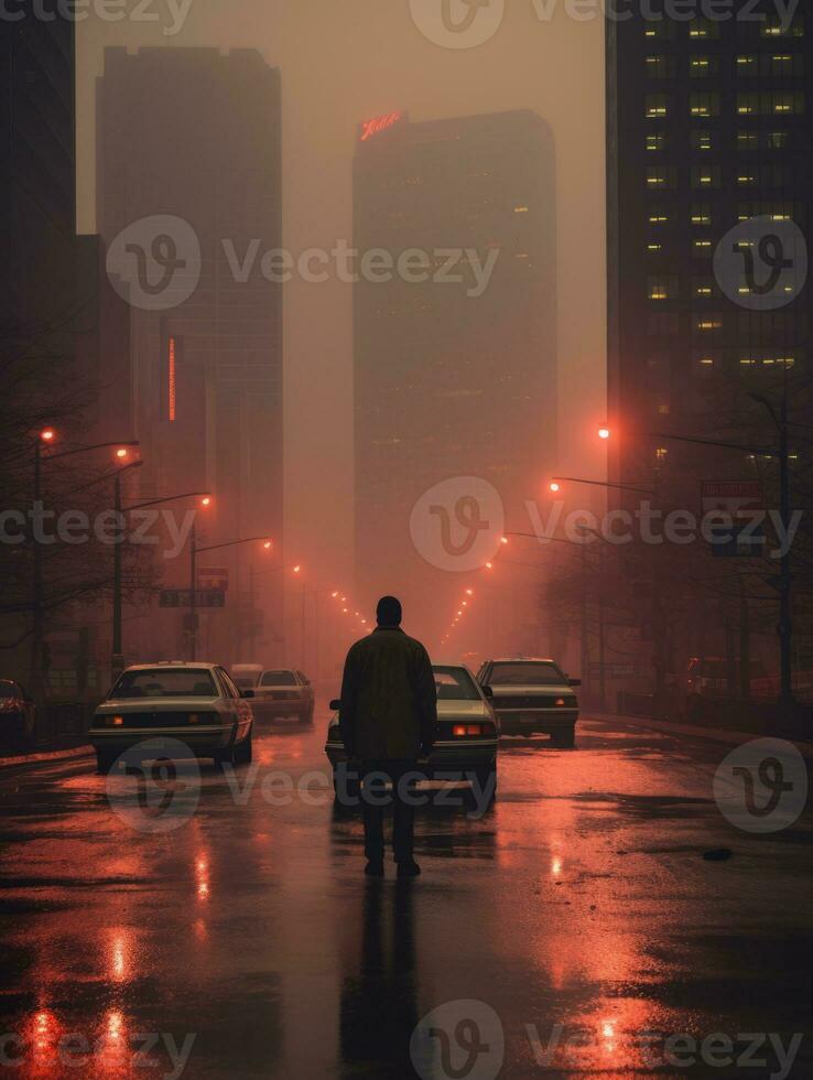 a man is walking down a city street at night generative ai photo