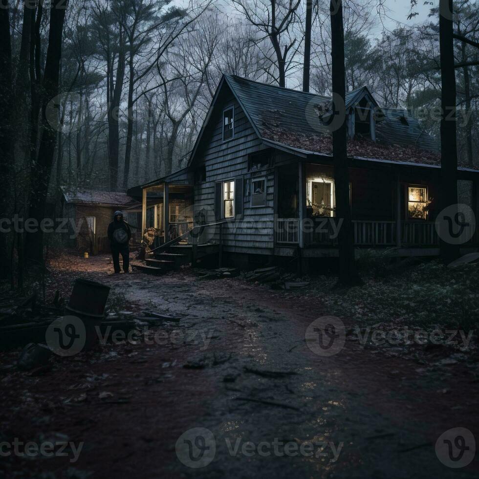 a man standing in front of a cabin in the woods generative ai photo