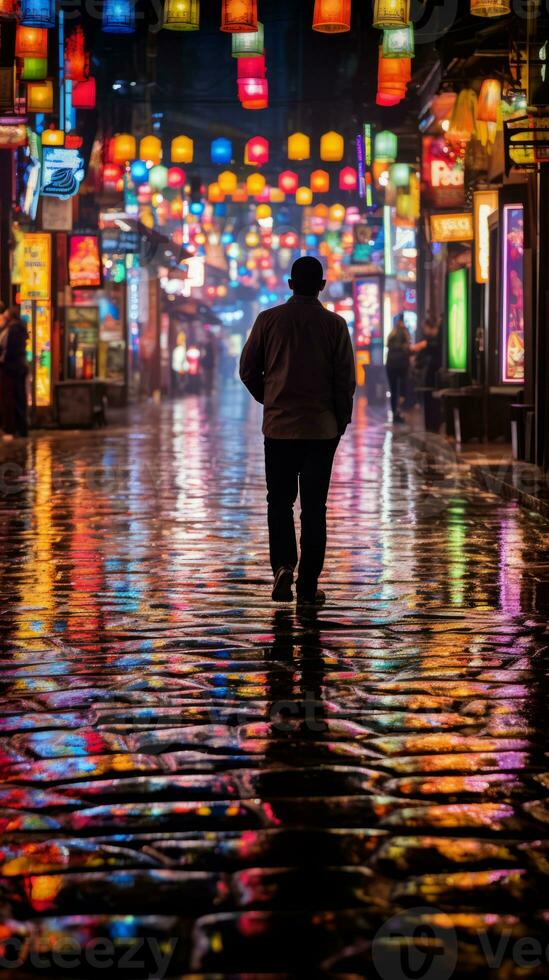 a man is walking down the street at night generative ai photo