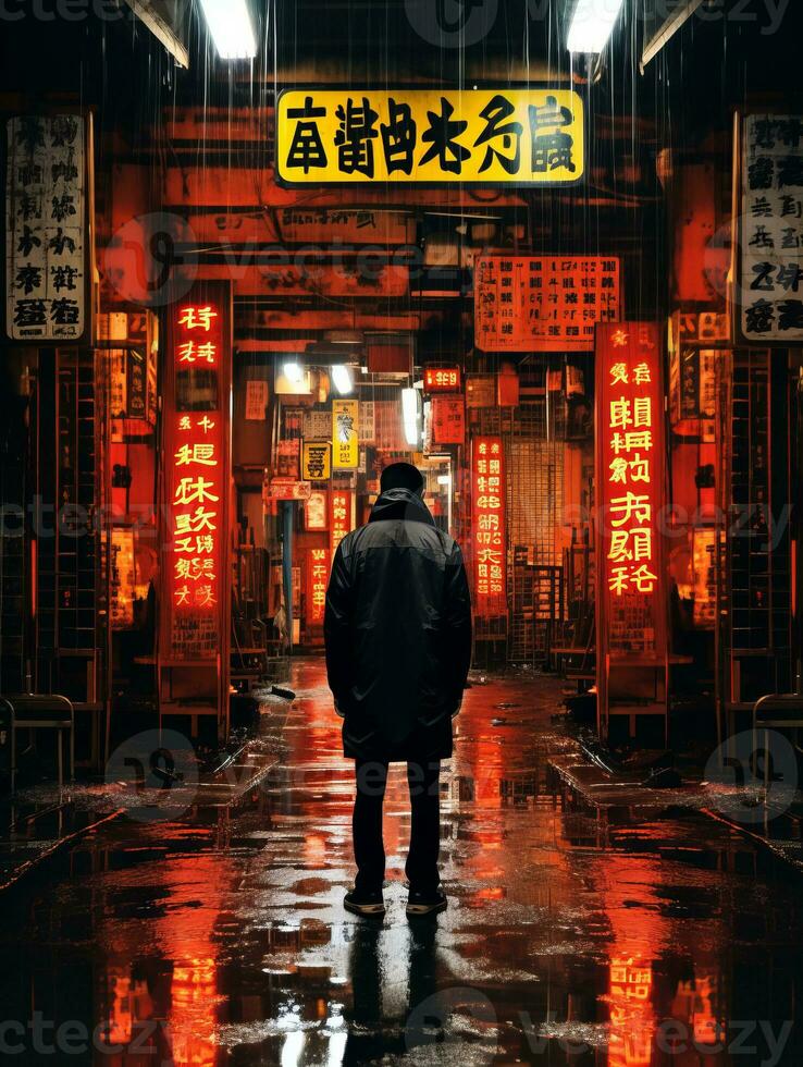 a man standing in the rain in an asian alley generative ai photo