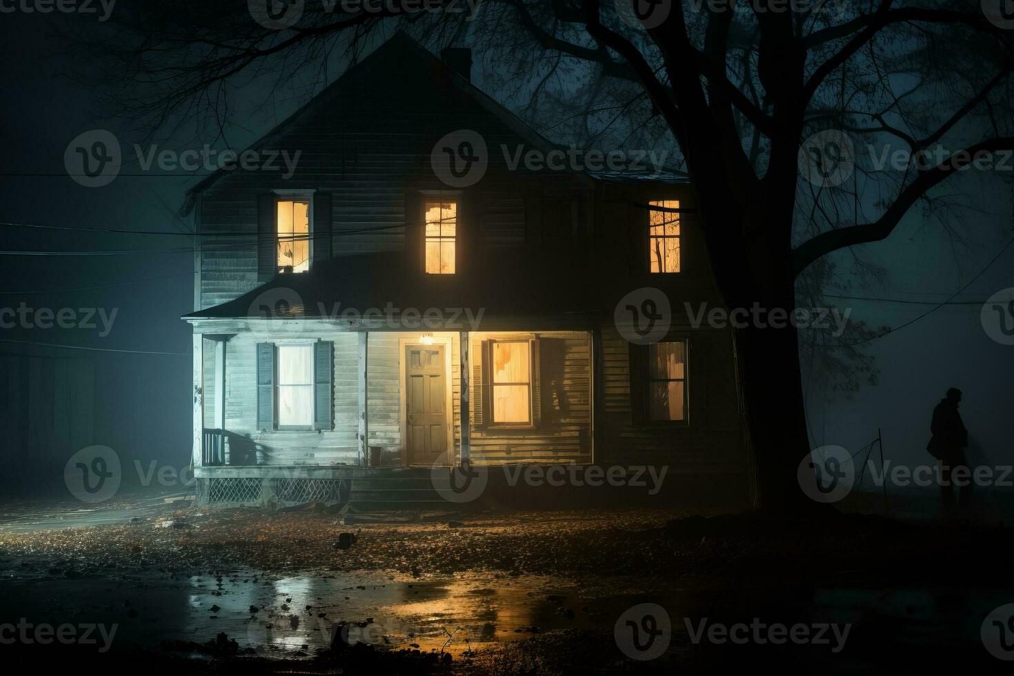 a man stands in front of a house at night generative ai photo