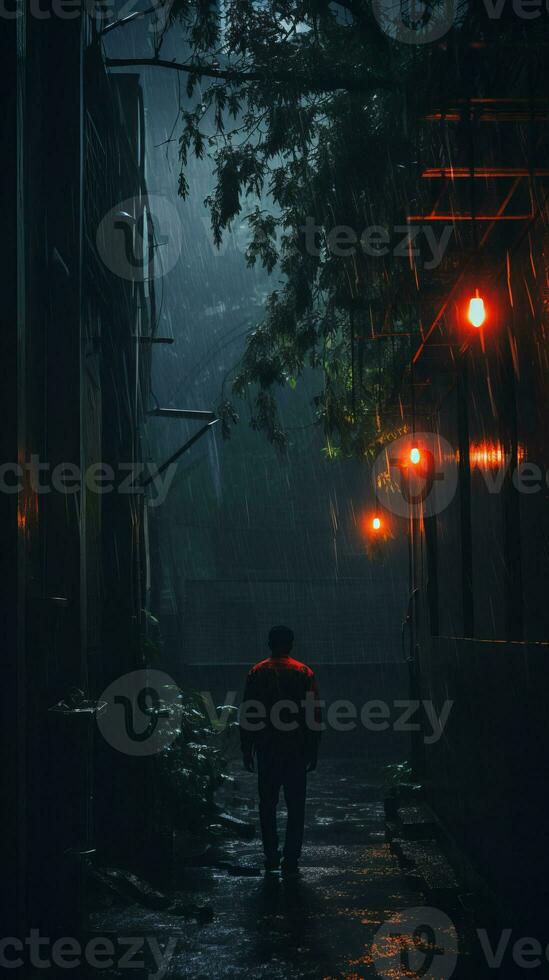 a man walking down an alley in the rain generative ai photo