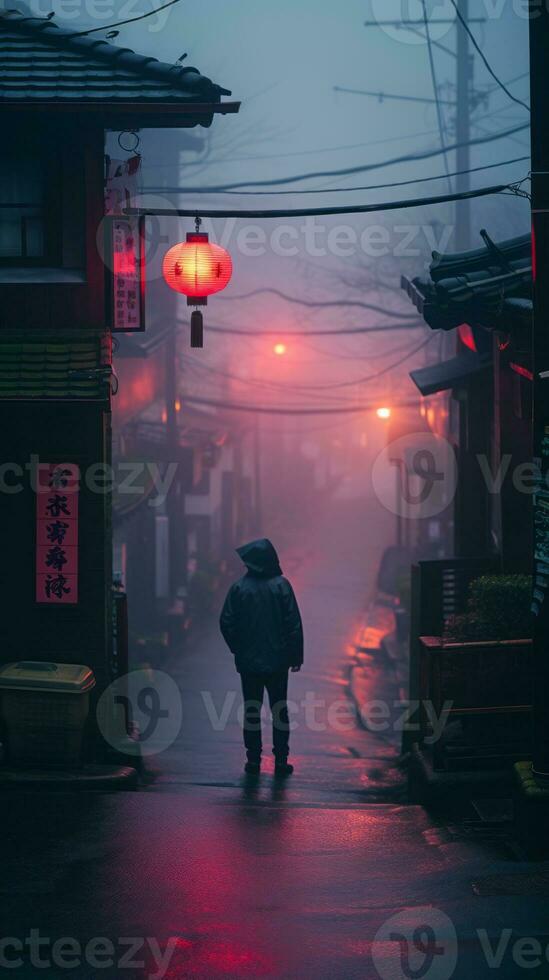 a man walking down a foggy street at night generative ai photo