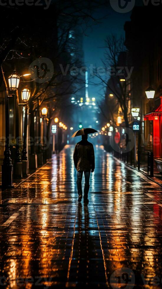 a man walking down a wet street at night with an umbrella generative ai photo