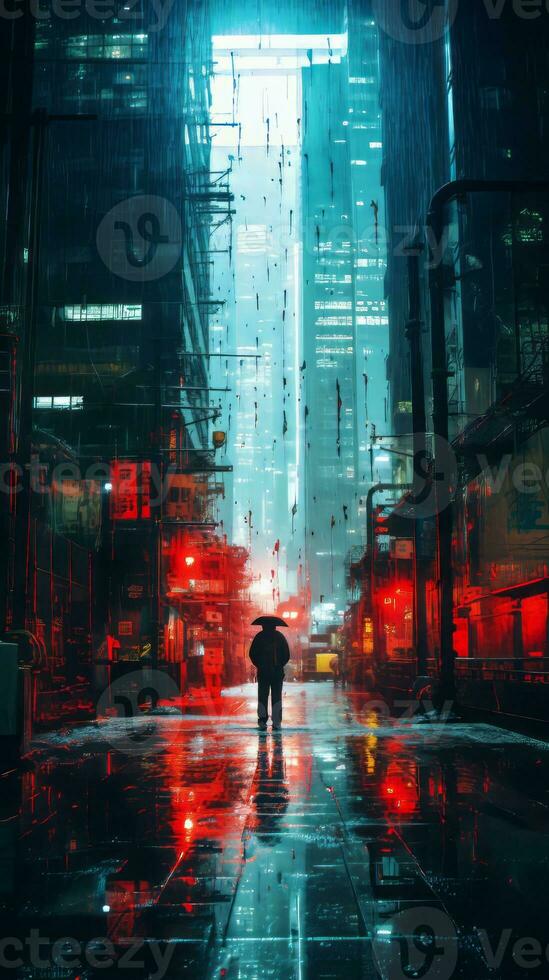 a man standing in the rain in a city at night generative ai photo