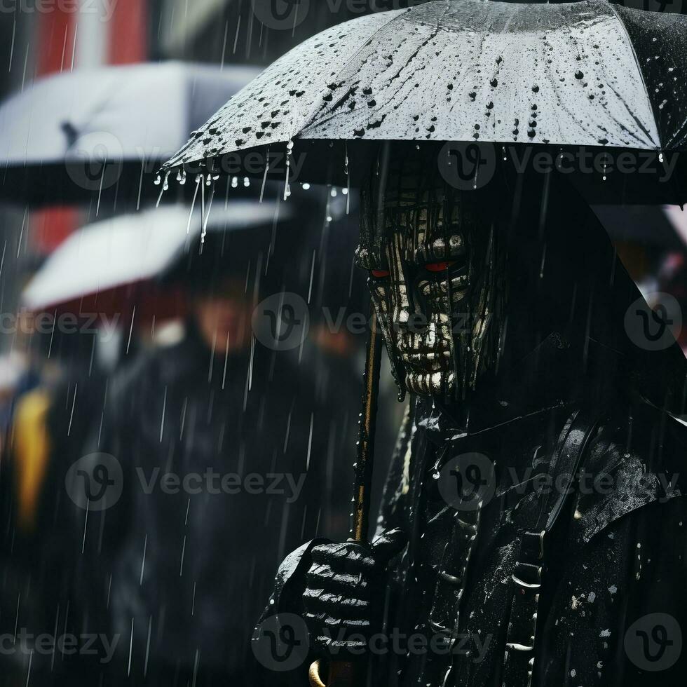 a man wearing a mask and holding an umbrella in the rain generative ai photo