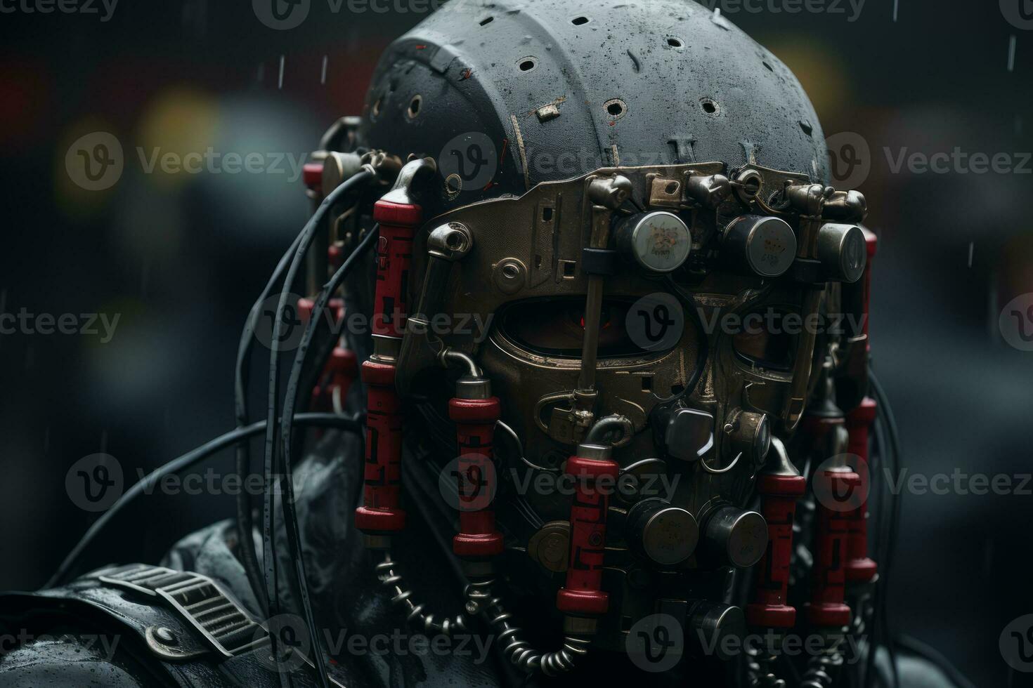 a man wearing a helmet with chains on it in the rain generative ai photo