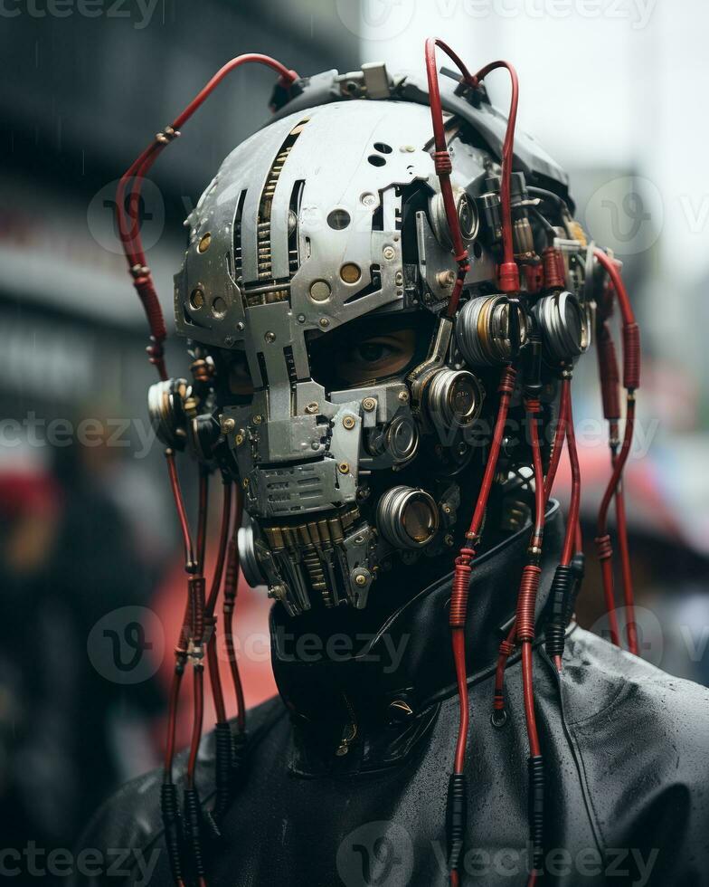 a man wearing a helmet with wires attached to it generative ai photo